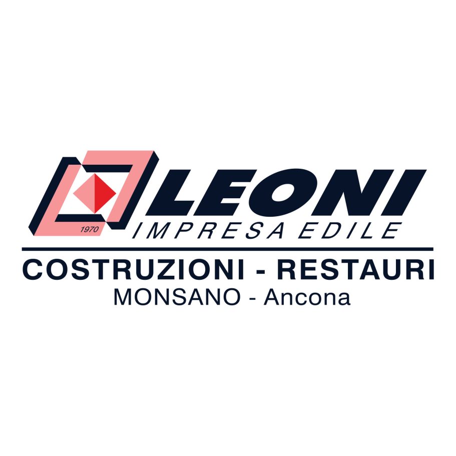 Logo di Leoni Impresa Edile, con testo "Costruzioni - Restauri" e località Monsano, Ancona.