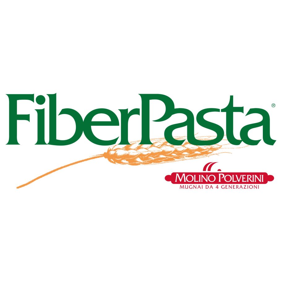 Logo for FiberPasta, featuring green text and a wheat graphic.